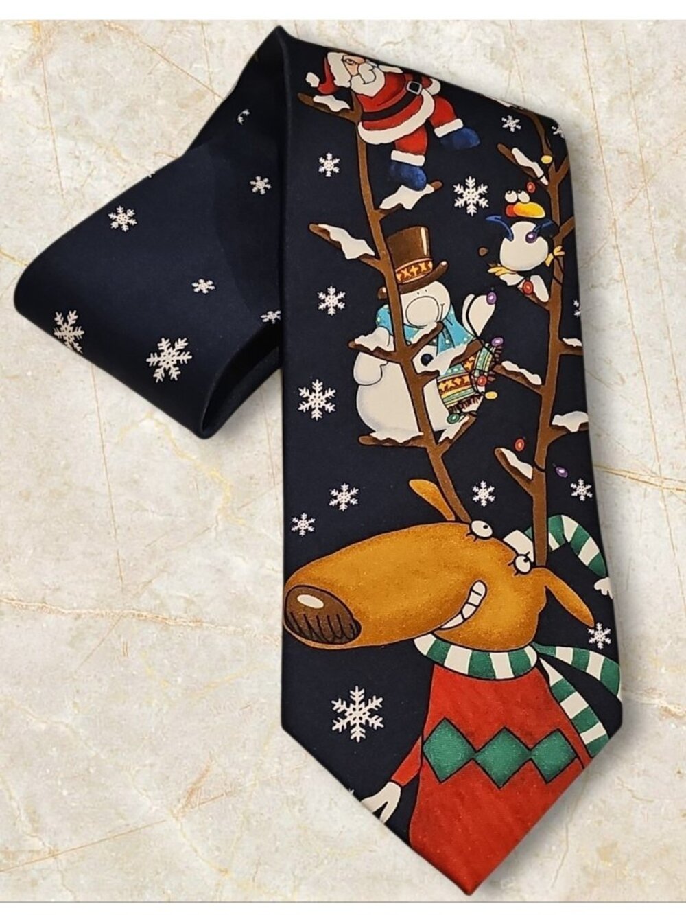 Men’s Navy Christmas Novelty Tie Santa Snowmen & Reindeer Holiday Design